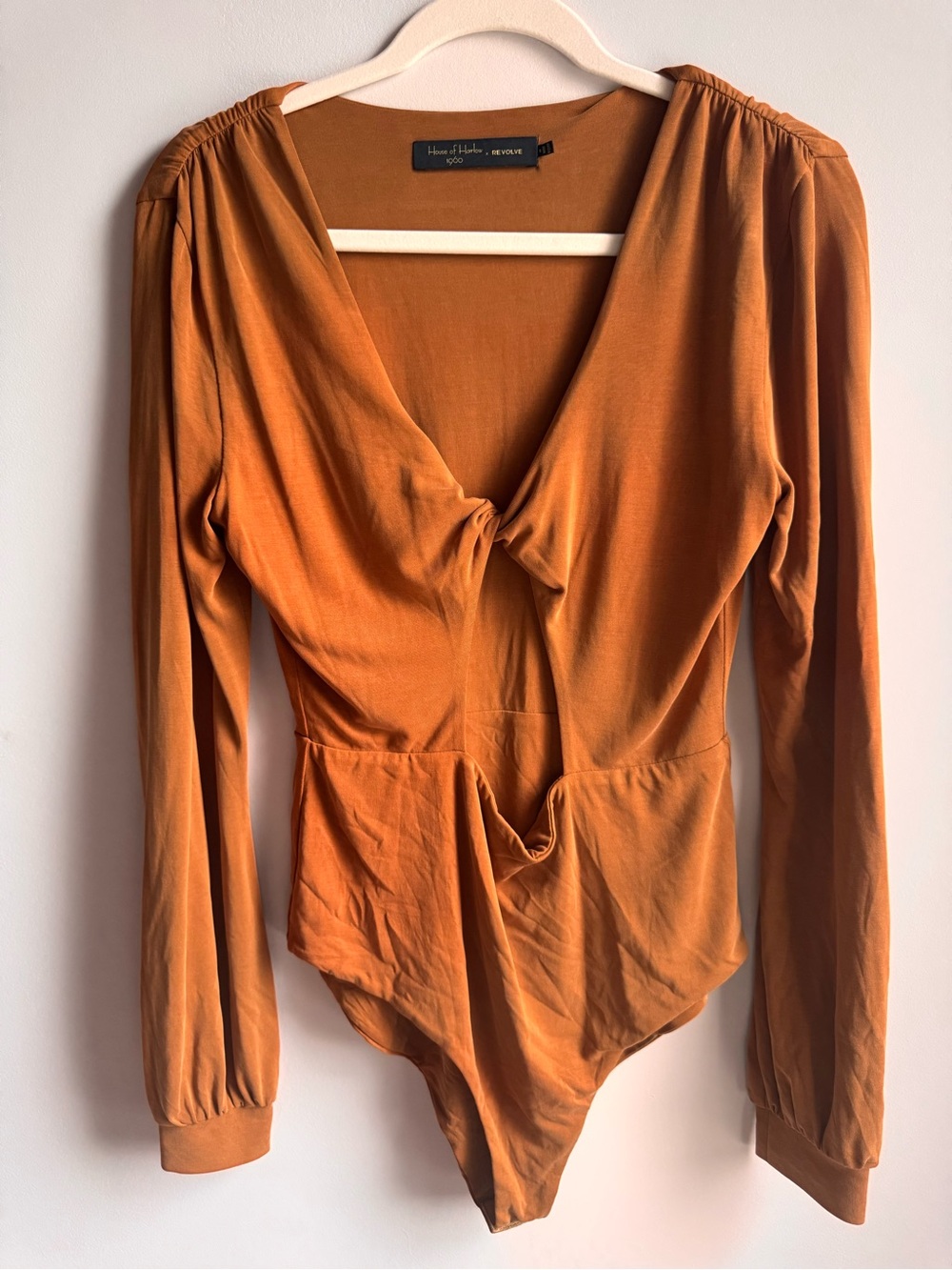 House of Harlow 1960 Burnt Orange Long-Sleeve Knot-Front Bodysuit size M